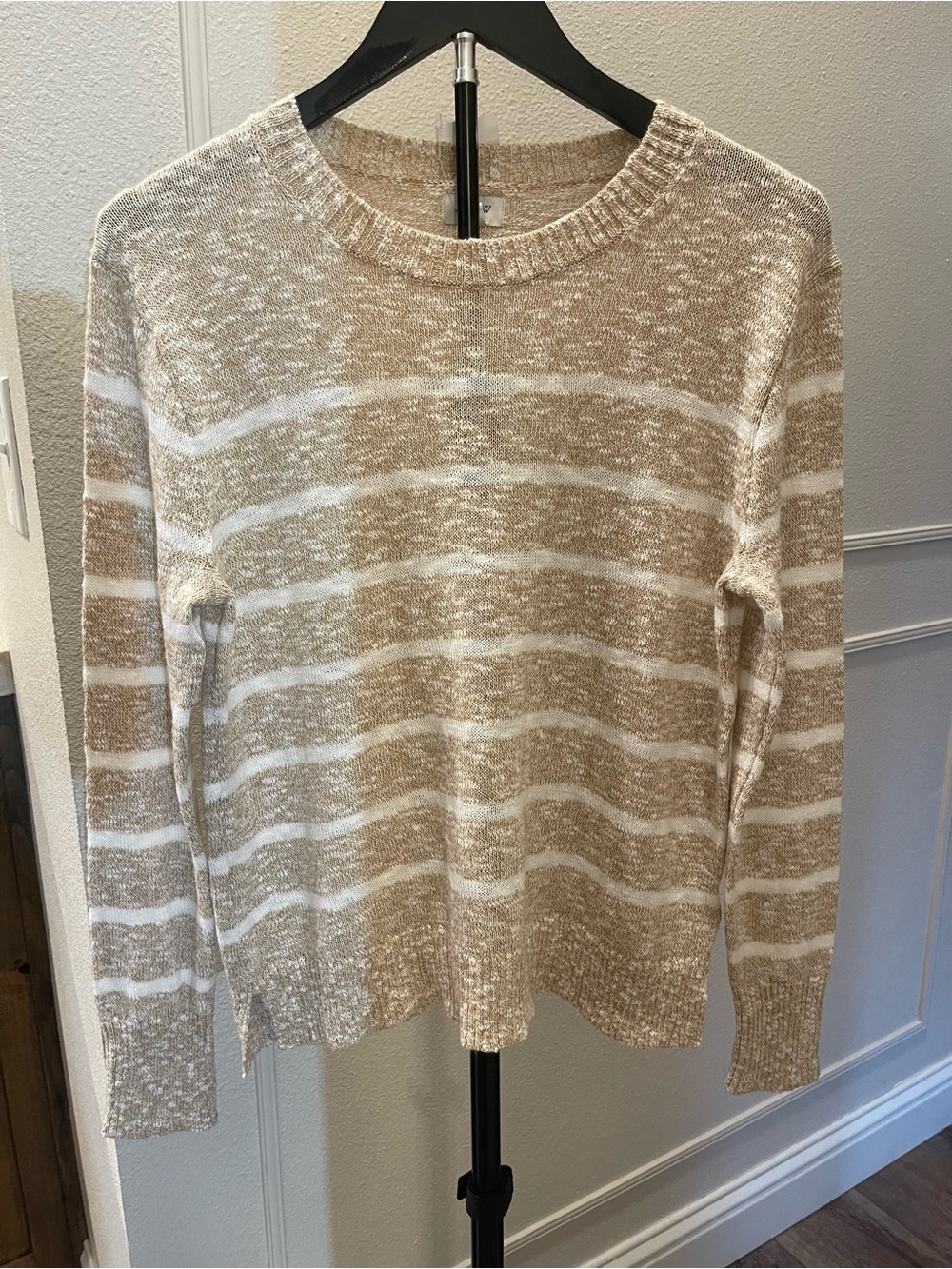 J. Crew NWT Beige and White Striped Cotton Blend Crewneck Sweater